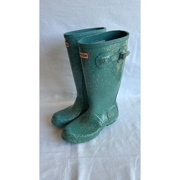Hunter Tall Glitter Rain Boots Teal Green Waterproof Original Size US 5 - Picture 3 of 9